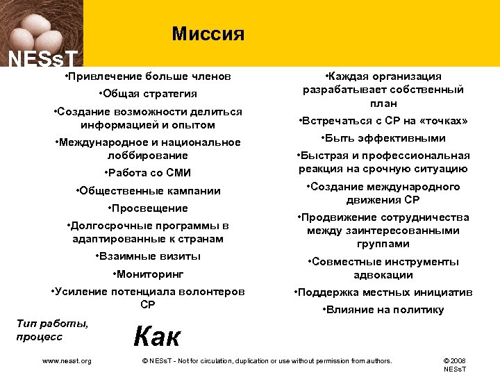 Миссия NESs. T • Привлечение больше членов • Общая стратегия • Создание возможности делиться
