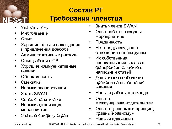 NESs. T • • • • Состав РГ Требования членства Уважать тему Многоязычие Опыт