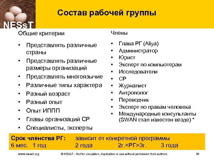 Состав рабочей группы NESs. T Общие критерии Члены • Представлять различные страны • Представлять