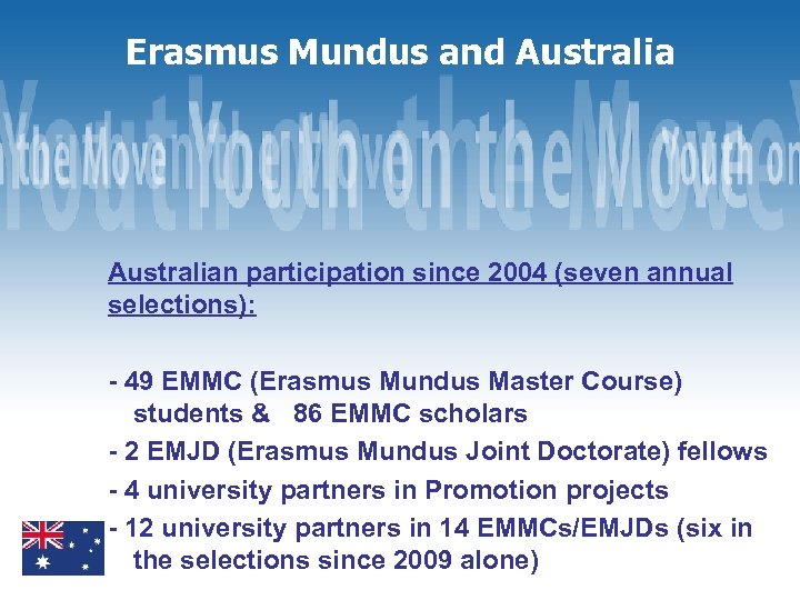 Erasmus Mundus and Australian participation since 2004 (seven annual selections): - 49 EMMC (Erasmus