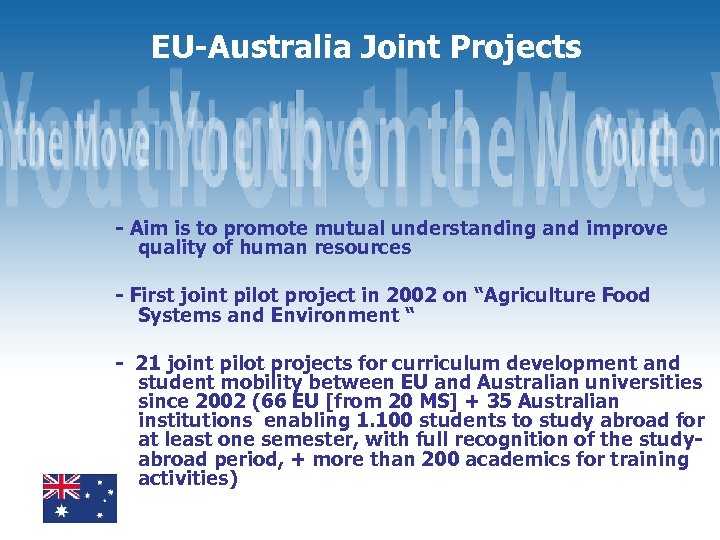 EU-Australia Joint Projects - Aim is to promote mutual understanding and improve quality of