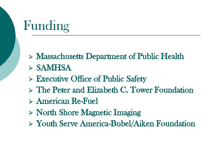 Funding Ø Ø Ø Ø Massachusetts Department of Public Health SAMHSA Executive Office of