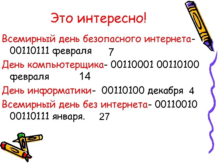 Это интересно! Всемирный день безопасного интернета 00110111 февраля 7 День компьютерщика- 00110001 00110100 февраля