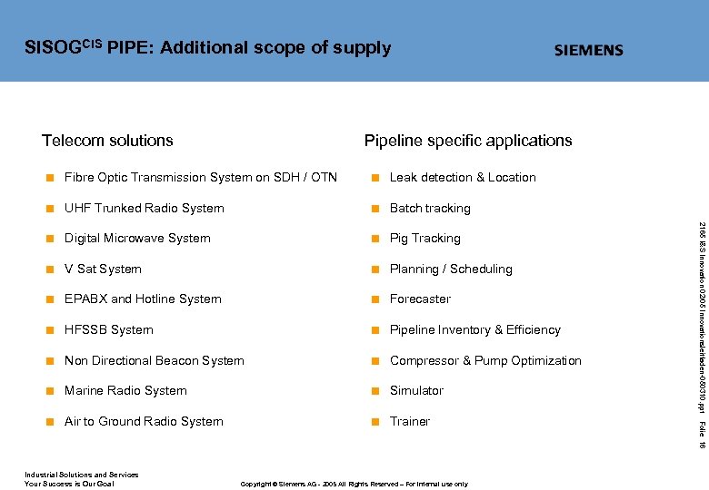 SISOGCIS PIPE: Additional scope of supply Telecom solutions Pipeline specific applications < Leak detection