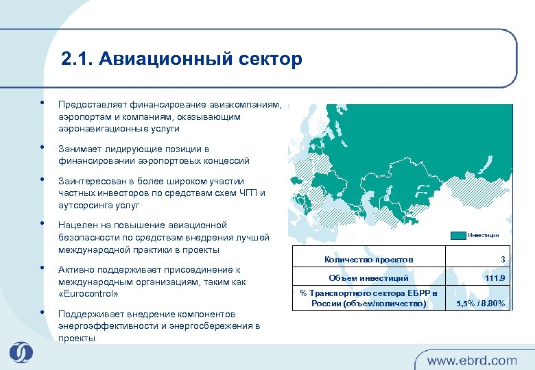 2. 1. Авиационный сектор • Предоставляет финансирование авиакомпаниям, аэропортам и компаниям, оказывающим аэронавигационные услуги