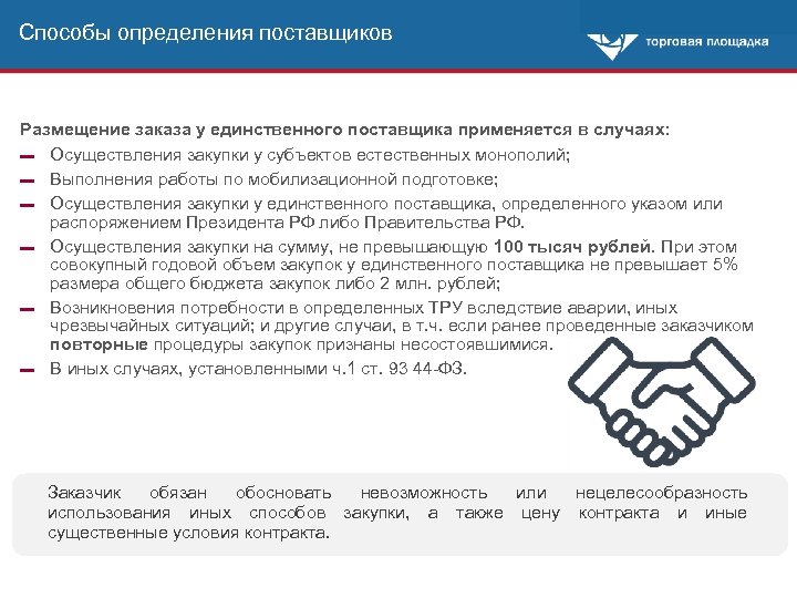 Способы определения поставщиков Размещение заказа у единственного поставщика применяется в случаях: ▬ Осуществления закупки