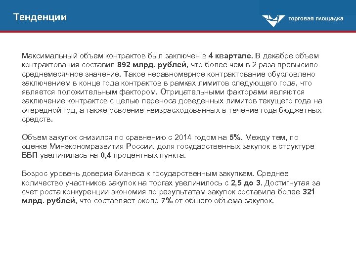 Тенденции Максимальный объем контрактов был заключен в 4 квартале. В декабре объем контрактования составил