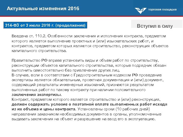 Актуальные изменения 2016 314 -ФЗ от 3 июля 2016 г. (продолжение) Вступил в силу