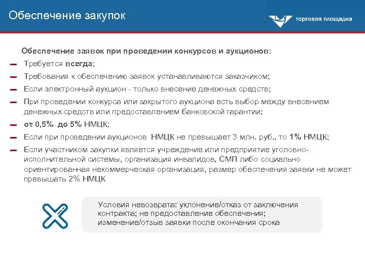 Обеспечение закупок Обеспечение заявок при проведении конкурсов и аукционов: ▬ Требуется всегда; ▬ Требования