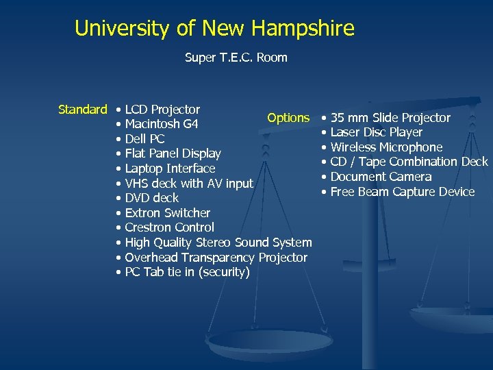 University of New Hampshire Super T. E. C. Room Standard • • • LCD