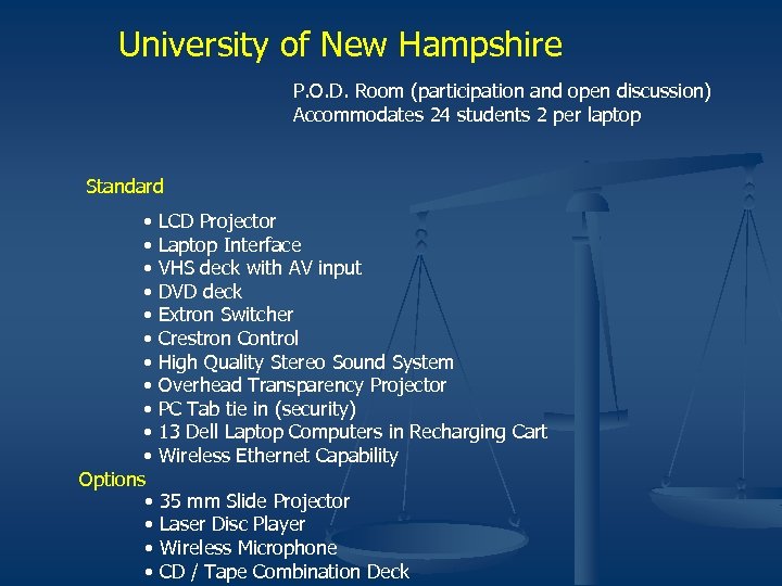 University of New Hampshire P. O. D. Room (participation and open discussion) Accommodates 24