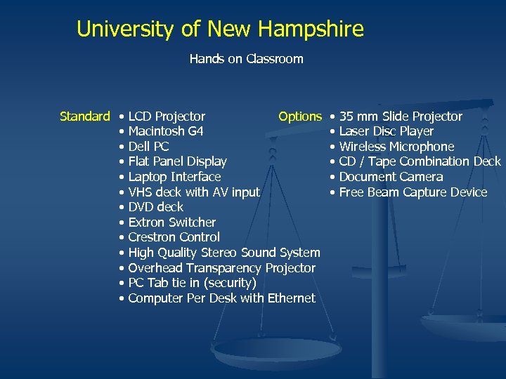 University of New Hampshire Hands on Classroom Standard • • • • LCD Projector