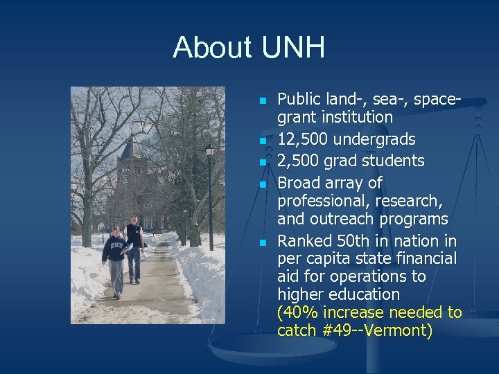 About UNH n n n Public land-, sea-, spacegrant institution 12, 500 undergrads 2,