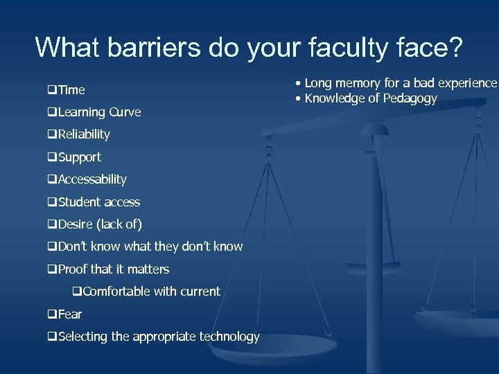 What barriers do your faculty face? q. Time q. Learning Curve q. Reliability q.