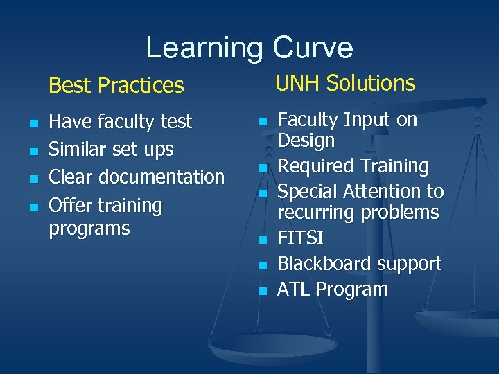 Learning Curve UNH Solutions Best Practices n n Have faculty test Similar set ups