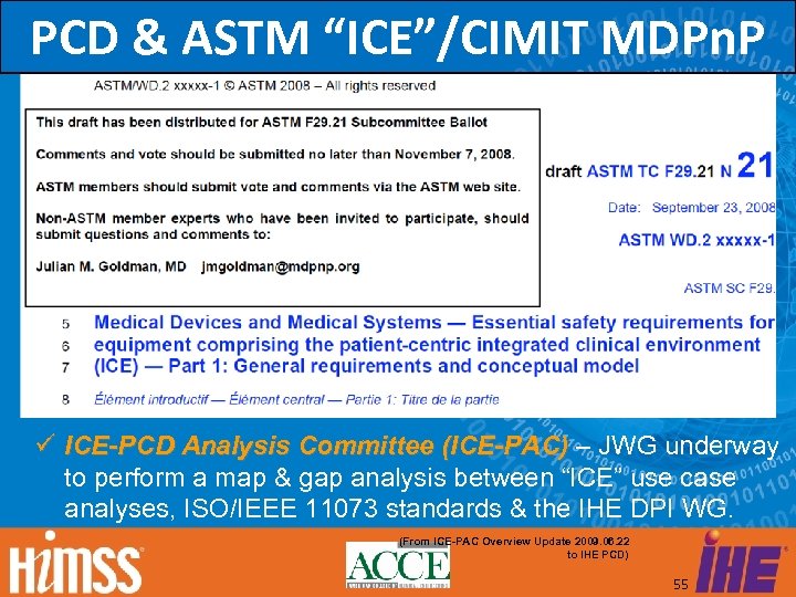 PCD & ASTM “ICE”/CIMIT MDPn. P ICE-PCD Analysis Committee (ICE-PAC) – JWG underway to