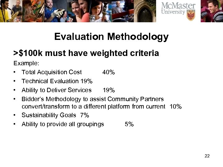Evaluation Methodology >$100 k must have weighted criteria Example: • Total Acquisition Cost 40%