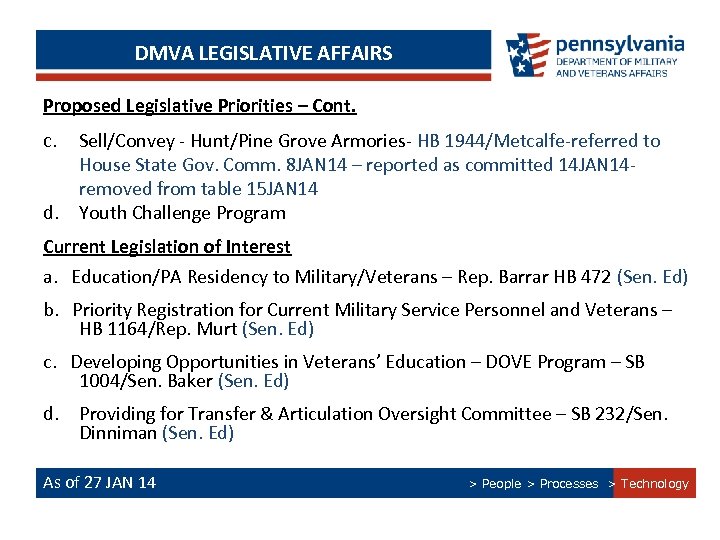 DMVA LEGISLATIVE AFFAIRS Proposed Legislative Priorities – Cont. c. d. Sell/Convey - Hunt/Pine Grove