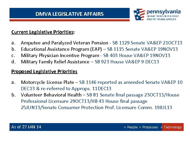 DMVA LEGISLATIVE AFFAIRS Current Legislative Priorities: a. b. c. d. Amputee and Paralyzed Veteran