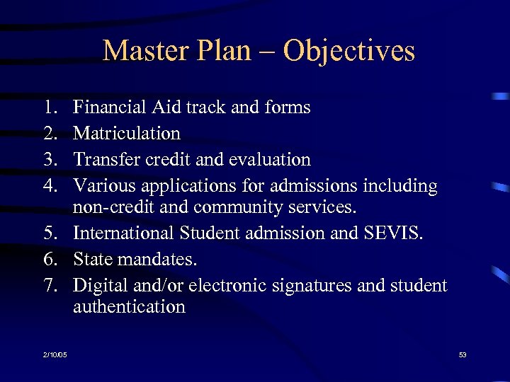 Master Plan – Objectives 1. 2. 3. 4. Financial Aid track and forms Matriculation