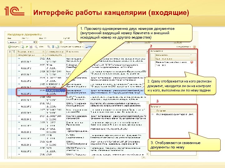 Интерфейс работы канцелярии (входящие) 1. Просмотр одновременно двух номеров документов (внутренний входящий номер Комитета