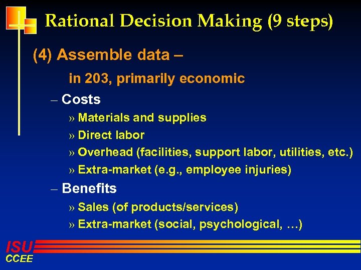 Rational Decision Making (9 steps) (4) Assemble data – in 203, primarily economic –