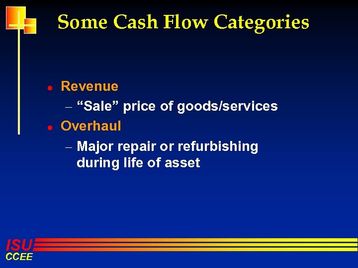 Some Cash Flow Categories l l ISU CCEE Revenue – “Sale” price of goods/services