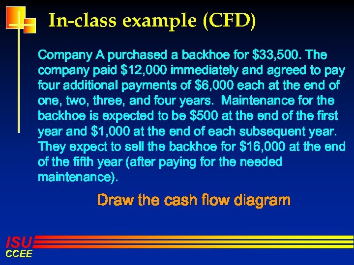 In-class example (CFD) Company A purchased a backhoe for $33, 500. The company paid