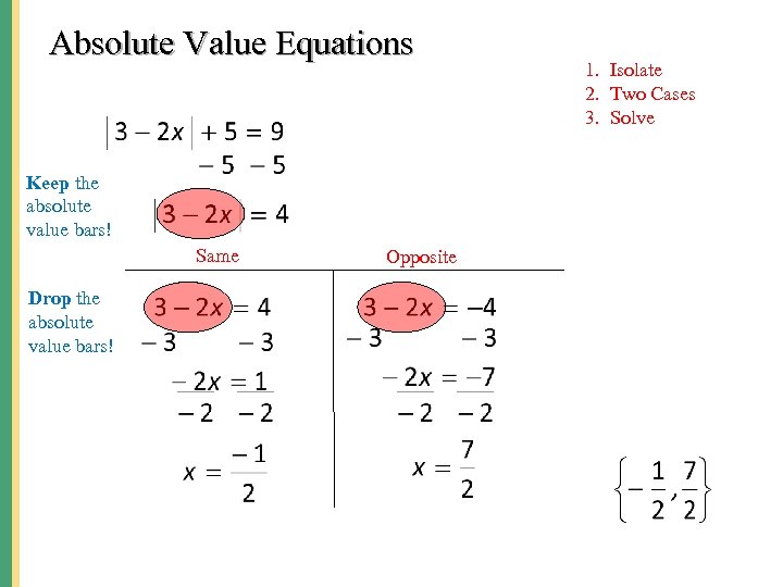 Absolute Value Equations Keep the absolute value bars! Same Drop the absolute value bars!