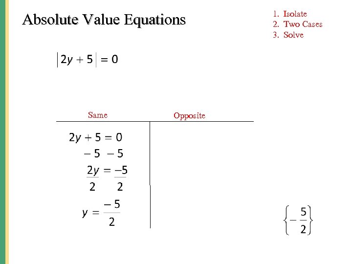 Absolute Value Equations Same Opposite 1. Isolate 2. Two Cases 3. Solve 