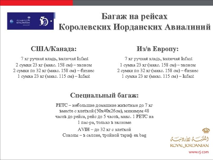 Багаж на рейсах Королевских Иорданских Авиалиний США/Канада: Из/в Европу: 7 кг ручная кладь, включая