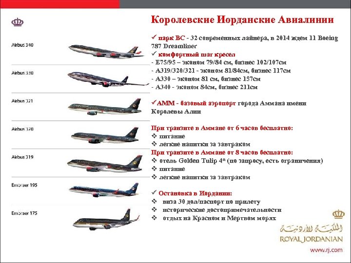 Королевские Иорданские Авиалинии ü парк ВС - 32 современных лайнера, в 2014 ждем 11