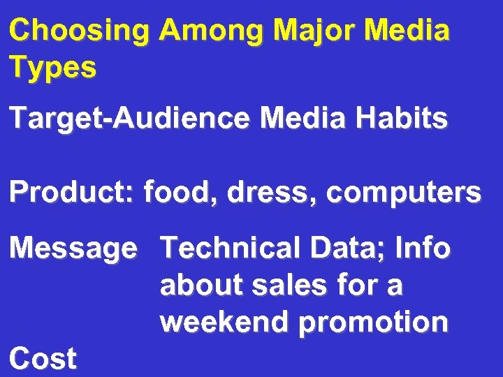 Choosing Among Major Media Types Target-Audience Media Habits Product: food, dress, computers Message Technical