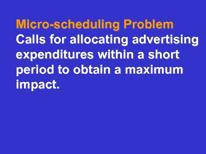 Micro-scheduling Problem Calls for allocating advertising expenditures within a short period to obtain a