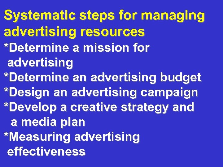 Systematic steps for managing advertising resources *Determine a mission for advertising *Determine an advertising