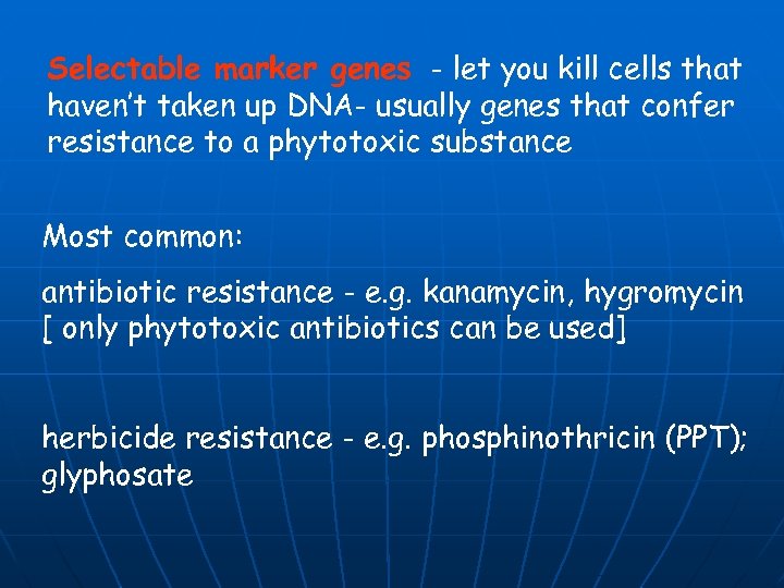 Selectable marker genes - let you kill cells that haven’t taken up DNA- usually