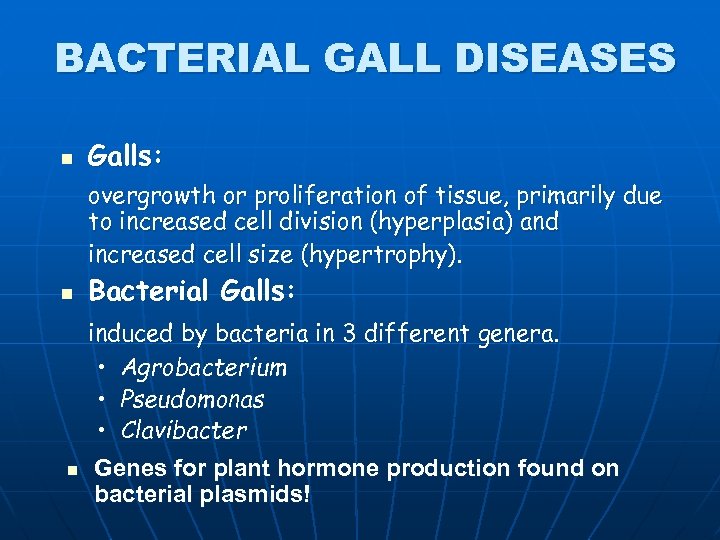 BACTERIAL GALL DISEASES n Galls: overgrowth or proliferation of tissue, primarily due to increased