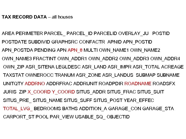 TAX RECORD DATA – all houses AREA PERIMETER PARCEL_ID PARCELID OVERLAY_JU POSTID POSTDATE SUBDIVID