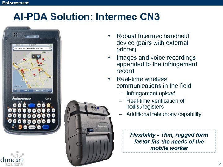 Enforcement AI-PDA Solution: Intermec CN 3 • Robust Intermec handheld device (pairs with external