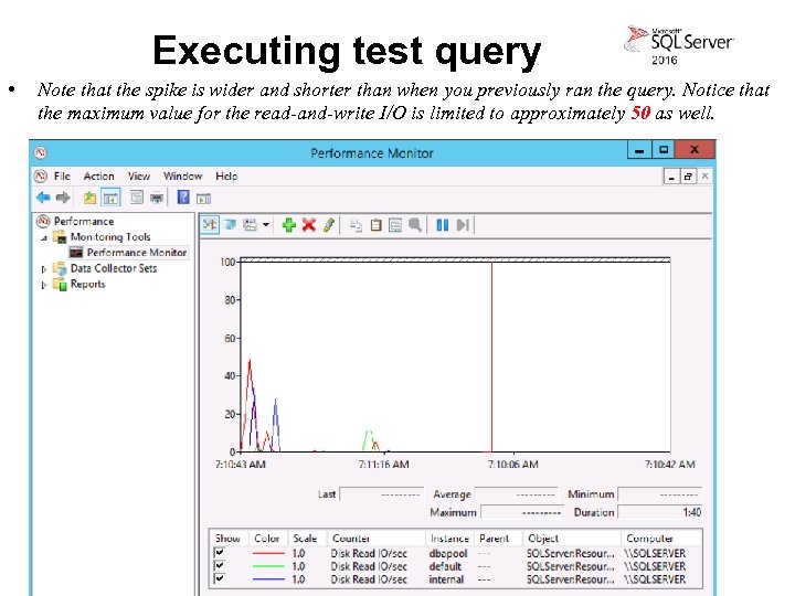 Executing test query • Note that the spike is wider and shorter than when