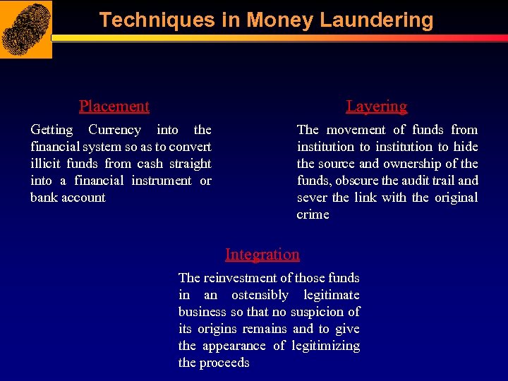 Techniques in Money Laundering Placement Layering Getting Currency into the financial system so as