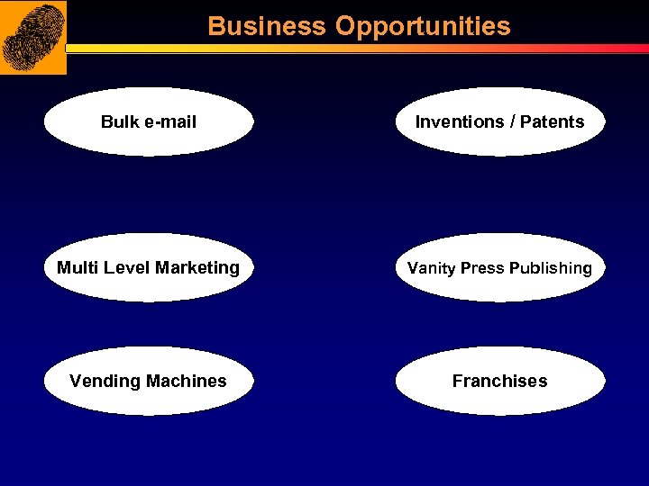 Business Opportunities Bulk e-mail Inventions / Patents Multi Level Marketing Vanity Press Publishing Vending