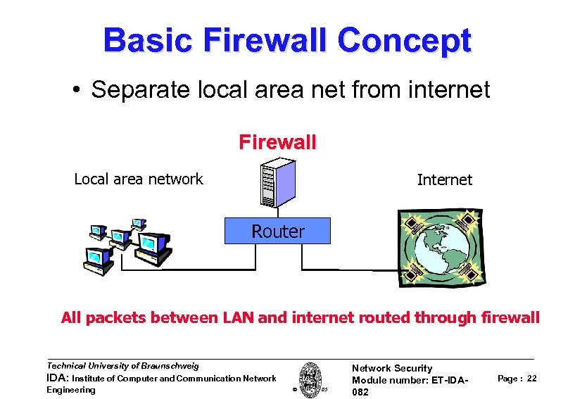 Basic Firewall Concept • Separate local area net from internet Firewall Local area network