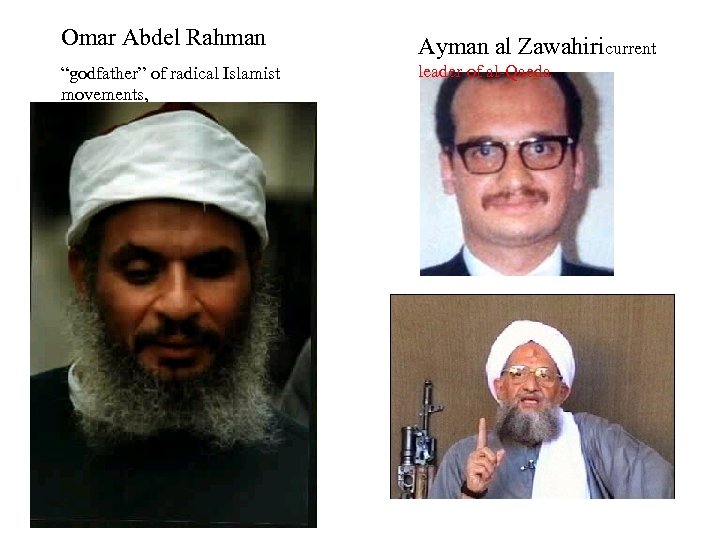 Omar Abdel Rahman “godfather” of radical Islamist movements, Ayman al Zawahiricurrent leader of al-Qaeda