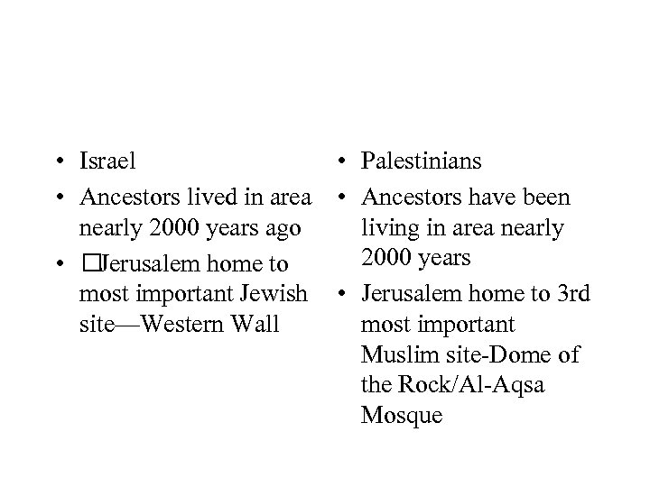  • Israel • Palestinians • Ancestors lived in area • Ancestors have been