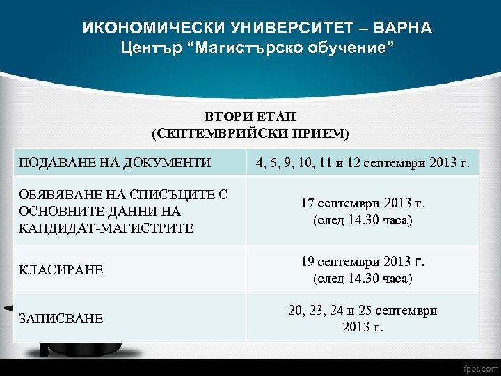 ИКОНОМИЧЕСКИ УНИВЕРСИТЕТ – ВАРНА Център “Магистърско обучение” ВТОРИ ЕТАП (СЕПТЕМВРИЙСКИ ПРИЕМ) ПОДАВАНЕ НА ДОКУМЕНТИ