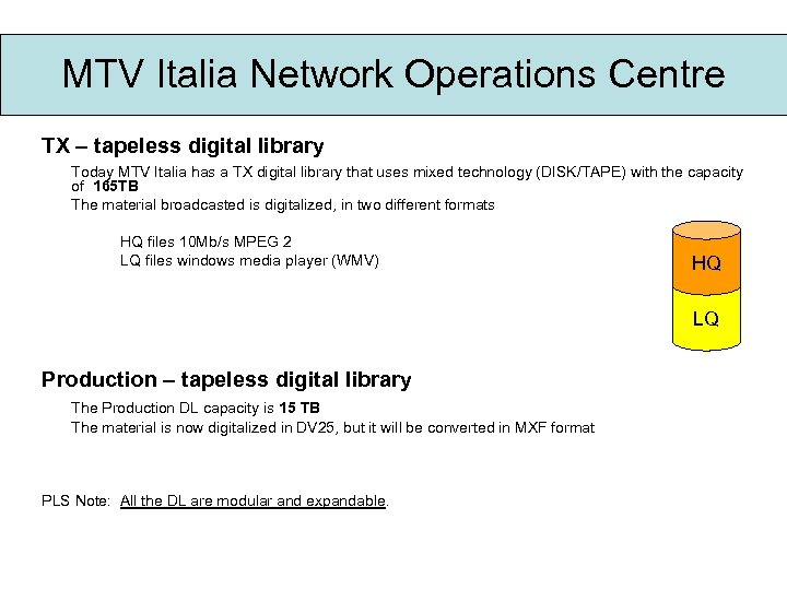 MTV Italia Network Operations Centre TX – tapeless digital library Today MTV Italia has