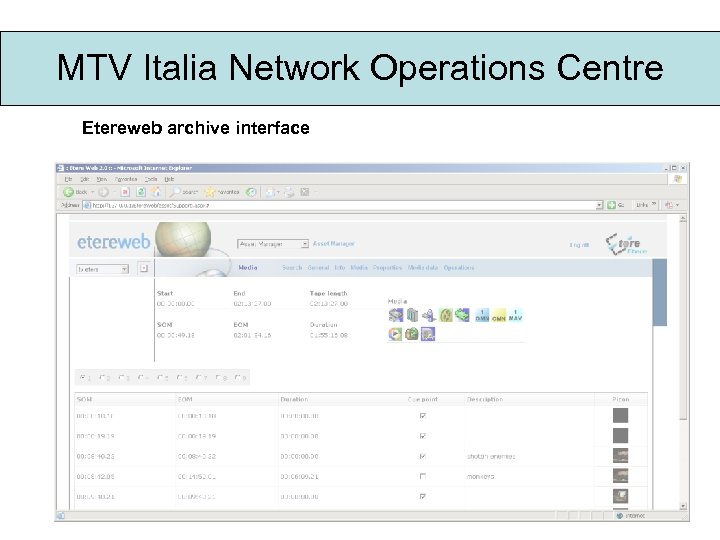 MTV Italia Network Operations Centre Etereweb archive interface 