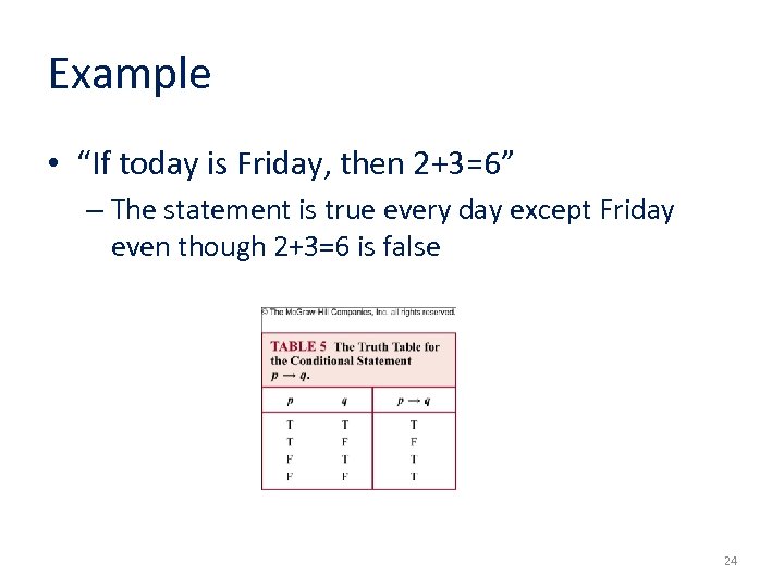 Example • “If today is Friday, then 2+3=6” – The statement is true every