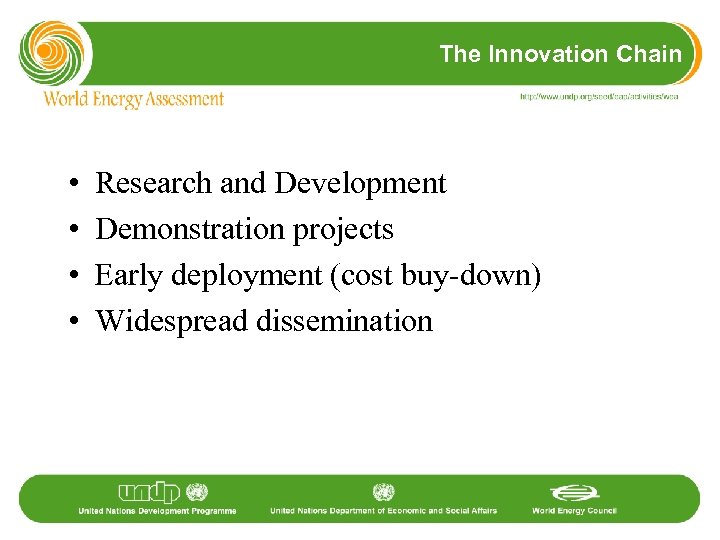 The Innovation Chain • • Research and Development Demonstration projects Early deployment (cost buy-down)